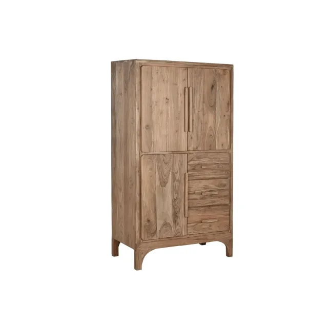 Buffet Haut en Bois d'Acacia Marron Clair - 90 x 45 x 160 cm – 3 Tiroirs & 2 Étagères