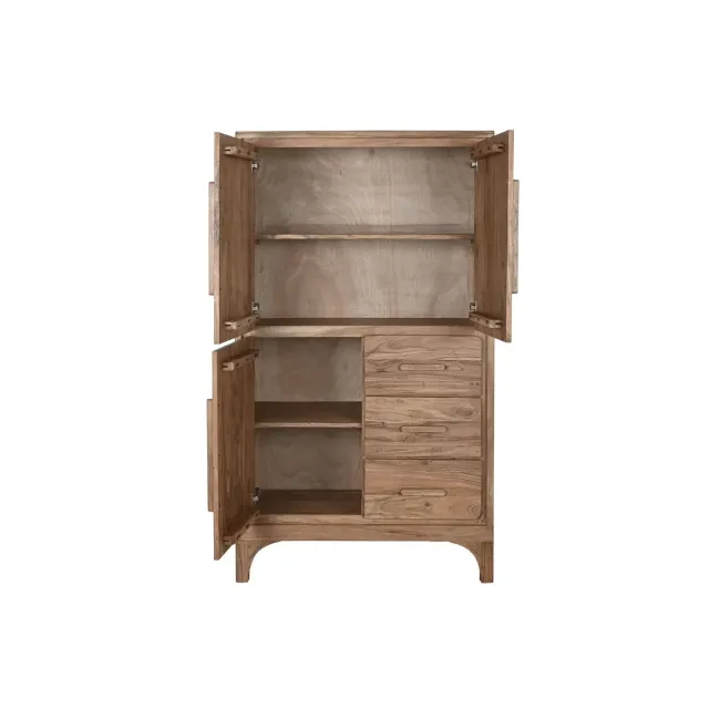 Buffet Haut en Bois d'Acacia Marron Clair - 90 x 45 x 160 cm – 3 Tiroirs & 2 Étagères