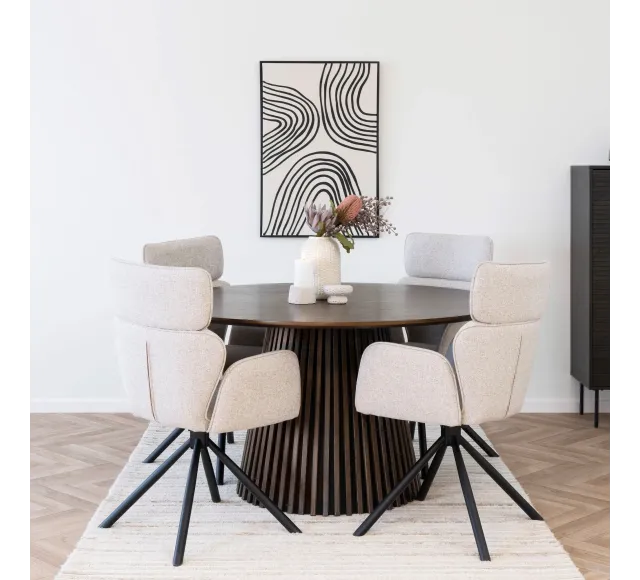 Pack ambiance contemporaine – Table ronde chêne fumé & déco coordonnée