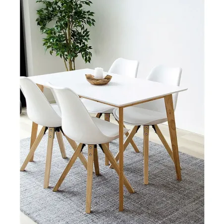 Pack ambiance salle à manger – Table & chaise blanche avec déco en teck