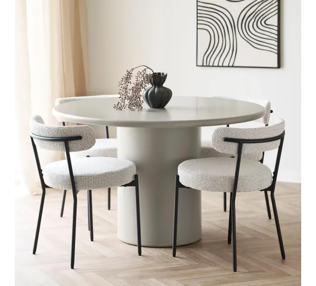 Pack salle à manger contemporain – Table sable, chaises bouclé & tableau décoratif