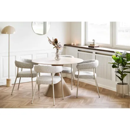 Pack ambiance contemporaine – Table travertin sable, chaises tissu & accessoires déco