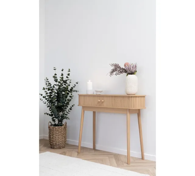 Ambiance complète – Console 2 portes, lot de 2 porte-bougies et vase en grès