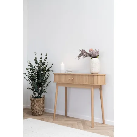 Ambiance complète – Console 2 portes, lot de 2 porte-bougies et vase en grès
