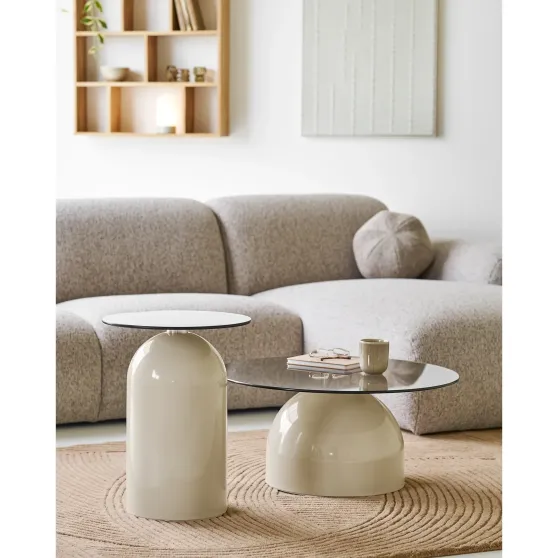 Table Basse Ronde Ø70 cm Verre Trempé & Métal Beige/Gris | Elsines