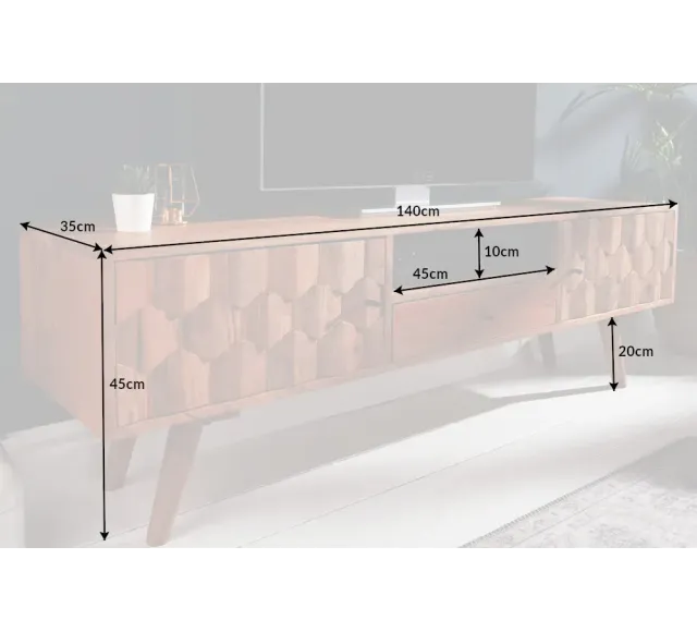 Meuble TV en bois massif d’acacia MYSTIC salon – 140 cm, finition naturelle avec surface 3D artisanale | Elsines
