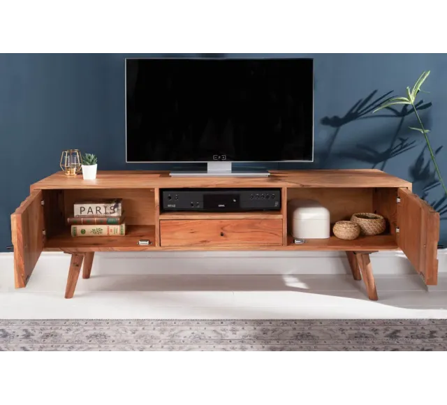 Meuble TV en bois massif d’acacia MYSTIC salon – 140 cm, finition naturelle avec surface 3D artisanale | Elsines