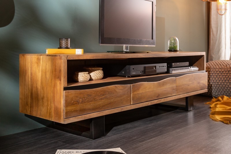 Meuble TV en bois massif d’acacia 160 cm – Design miel et noir avec rangements élégants