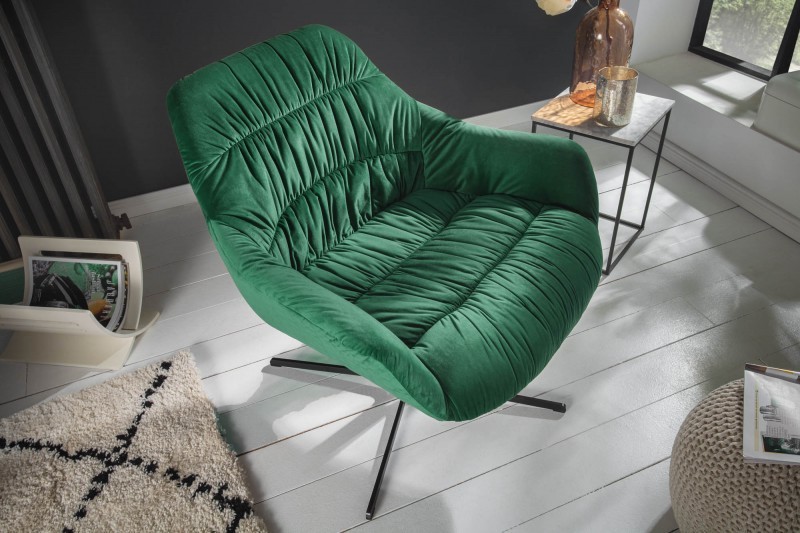 Fauteuil pivotante velours design coloris vert émeraude en microfibre avec accoudoirs