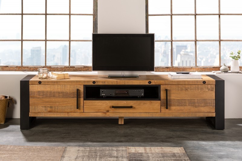 Meuble TV de 200cm en bois massif de style industriel coloris bois et noir