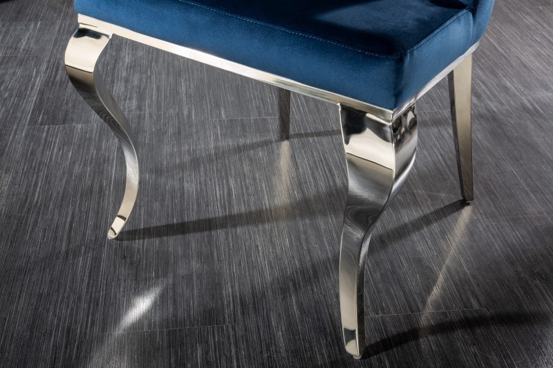 Chaises design capitonné PAULA avec pied baroque en acier inoxydable, velours, bleu