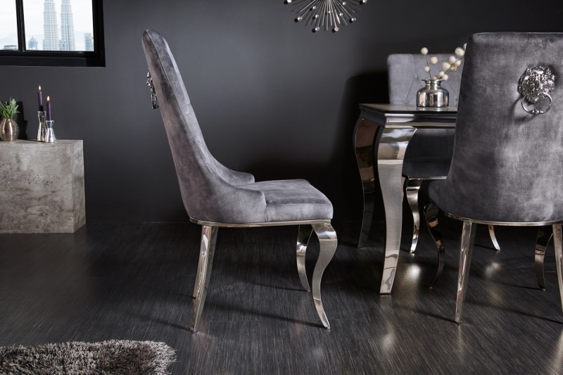 Chaises design capitonné PAULA avec pied baroque en acier inoxydable, velours, gris