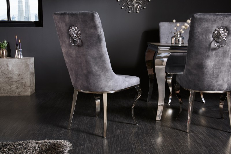 Chaises design capitonné PAULA avec pied baroque en acier inoxydable, velours, gris