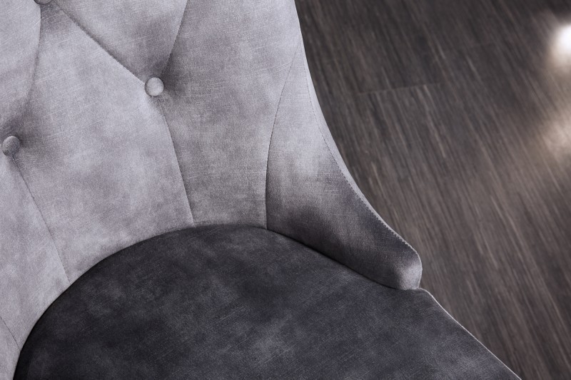 Chaises design capitonné PAULA avec pied baroque en acier inoxydable, velours, gris