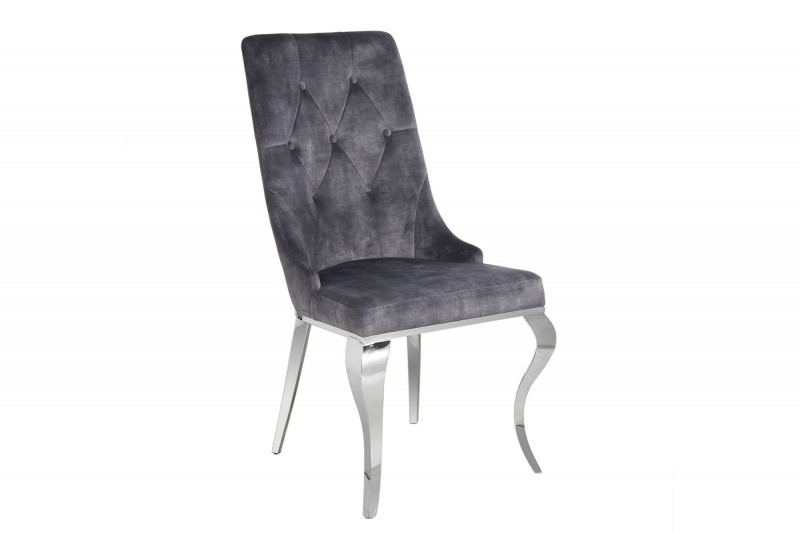 Chaises design capitonné PAULA avec pied baroque en acier inoxydable, velours, gris
