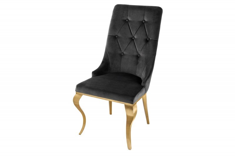 Chaises design capitonné PAULA avec pied baroque en acier inoxydable, velours, noir, doré