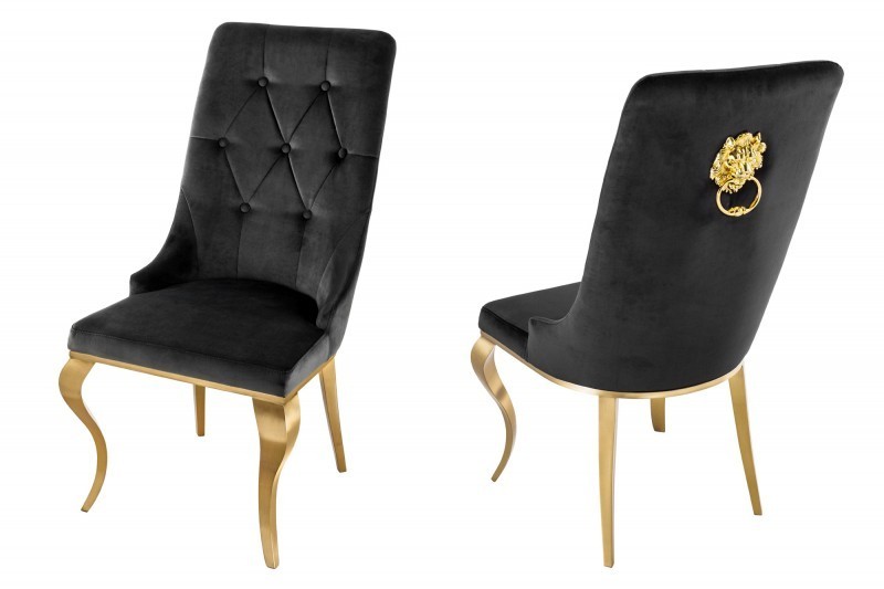 Chaises design capitonné PAULA avec pied baroque en acier inoxydable, velours, noir, doré