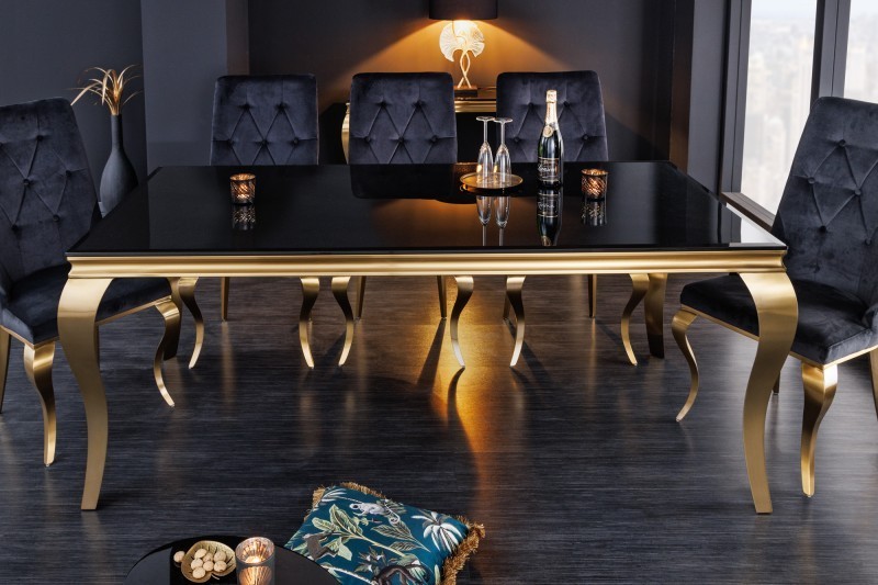 TABLE DE SALLE À MANGER 180cm DESIGN BAROQUE EN ACIER DORÉ ET VERRE OPALE NOIR