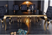 TABLE DE SALLE À MANGER 180cm DESIGN BAROQUE EN ACIER DORÉ ET VERRE OPALE NOIR