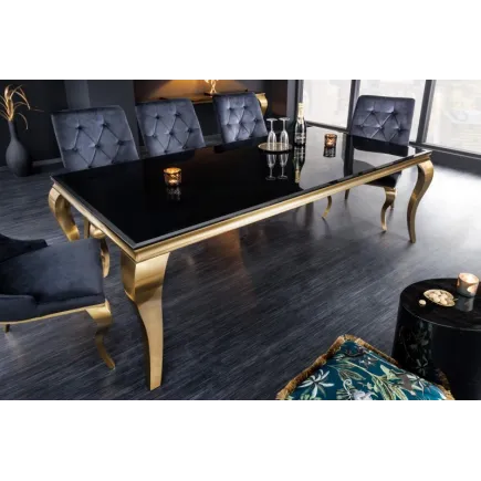 TABLE DE SALLE À MANGER 180cm DESIGN BAROQUE EN ACIER DORÉ ET VERRE OPALE NOIR 2