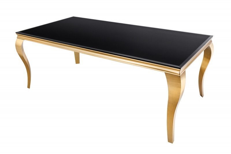 TABLE DE SALLE À MANGER 200cm DESIGN BAROQUE EN ACIER DORÉ ET VERRE OPALE NOIR