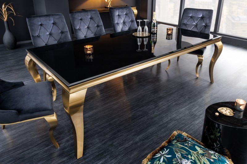 TABLE DE SALLE À MANGER 200cm DESIGN BAROQUE EN ACIER DORÉ ET VERRE OPALE NOIR