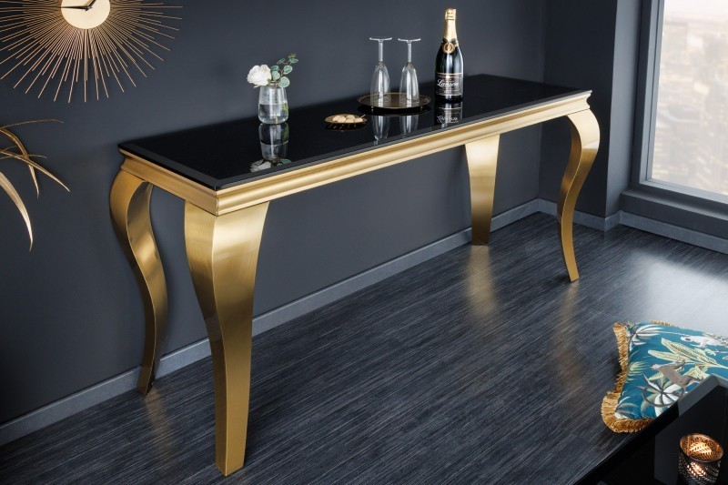 Console design baroque de 140cm verre opale noir pieds doré