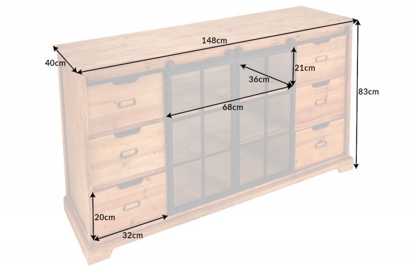 Bahut massif HENRY 150cm sapin naturel portes industrielles vitrine métal
