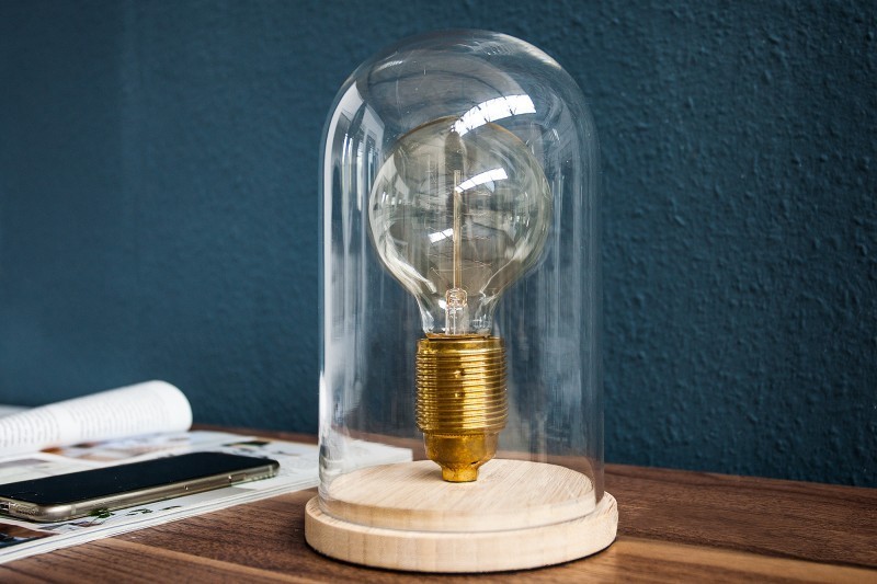 Lampe à poser design rétro en bois et verre