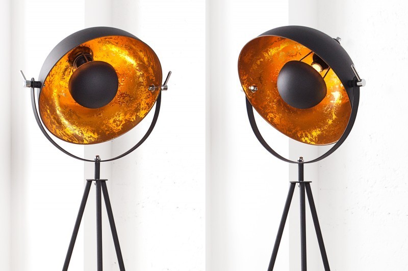 Lampadaire trépied design en acier inoxydable et en aluminium coloris noir et or