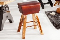 Tabouret design en bois massif et cuir marron