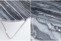 Table basse design en marbre coloris gris avec piétement en métal argenté