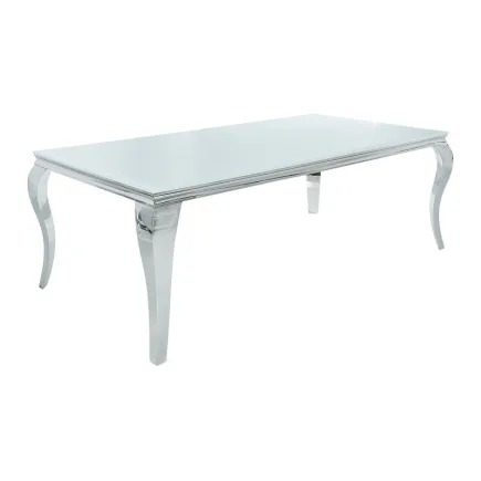 Table à manger design baroque de 200cm coloris blanc argenté en verre trempé et acier inoxydable