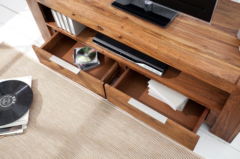 Meuble TV en Bois Massif Sheesham 135 cm — 2 Tiroirs & Niche, Coloris Naturel