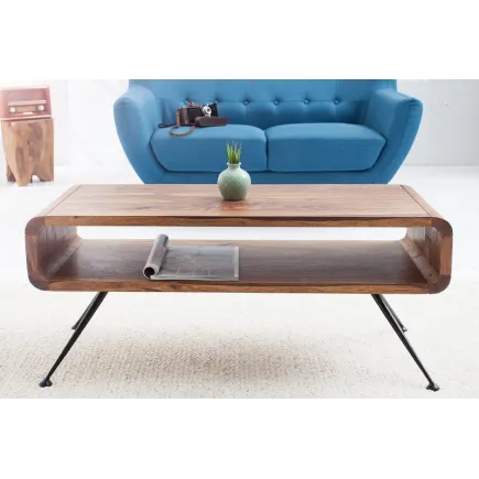 Table basse design rétro de 100cm coloris naturel en bois massif sheesham avec une niche 2