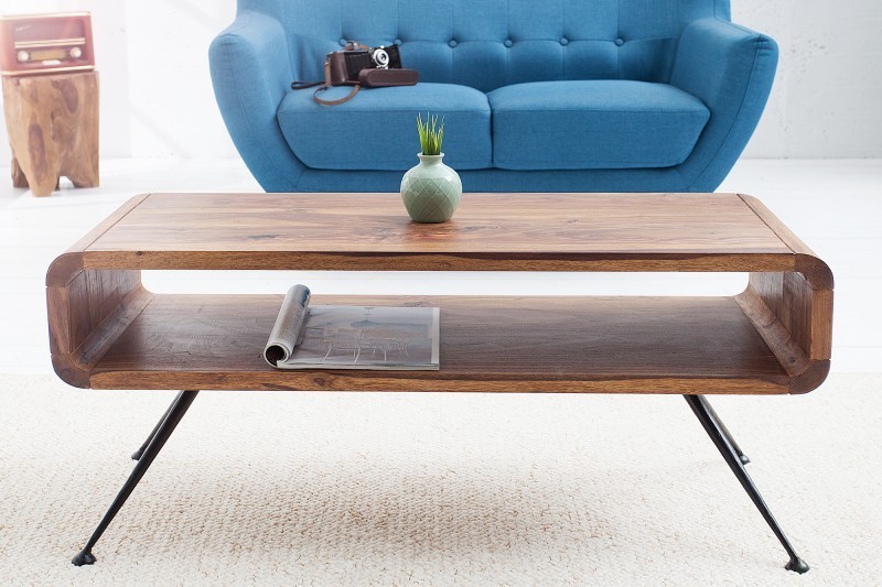 Table basse design rétro de 100cm coloris naturel en bois massif sheesham  avec une niche