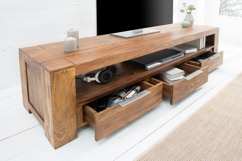 Meuble tv moderne 170cm design en bois massif sheesham  avec rangement coloris naturel