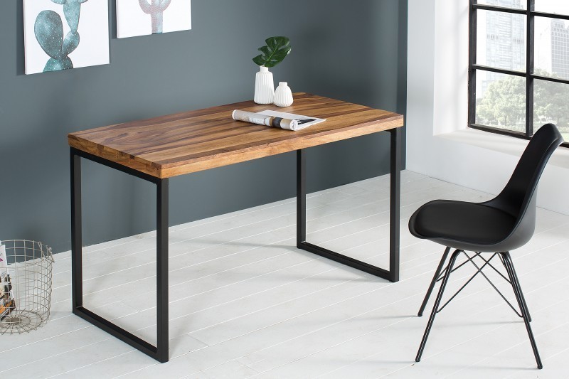 Table de bureau contemporaine de couleur naturelle et noire en bois massif sheesham et métal