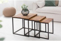 Lot de 3 tables à manger moderne en bois massif et métal coloris naturel et noir