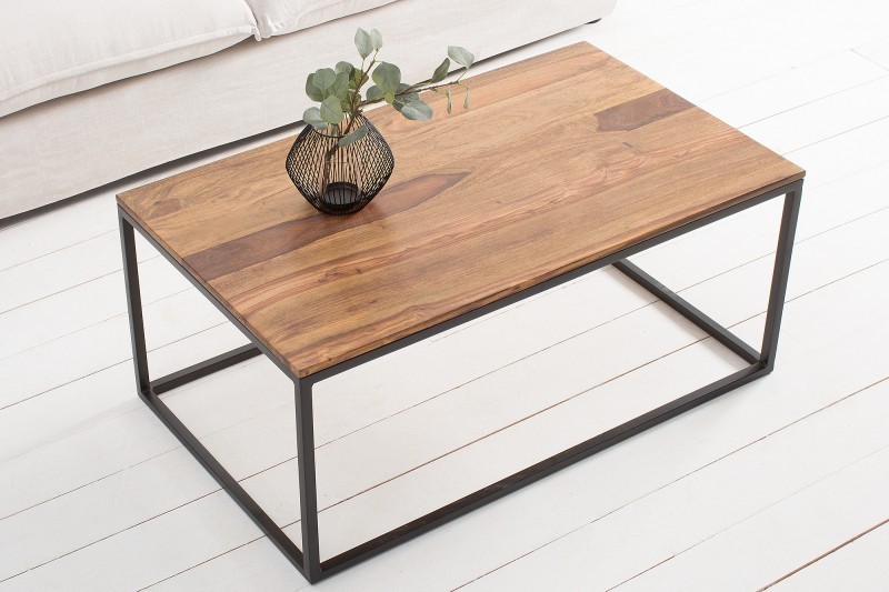 Table de salon contemporaine de 100cm en bois massif et métal coloris naturel et noir