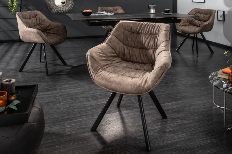 Chaise design scandinave de salle à manger coloris taupe en microfibre avec piétement en métal