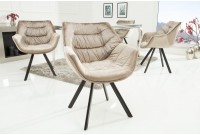 Chaise design scandinave de salle à manger coloris champagne greige en microfibre avec piétement en métal