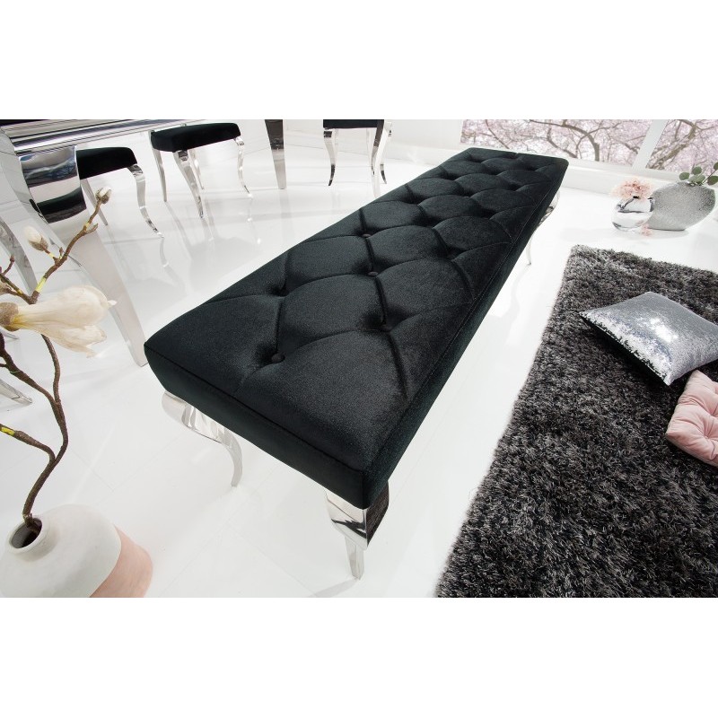Banquette design BAROQUE 172cm en velours noir et acier inoxydable