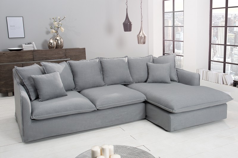 Grand canapé d'angle 255cm en lin gris style campagnard