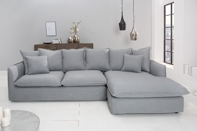 Grand canapé d'angle 255cm en lin gris style campagnard