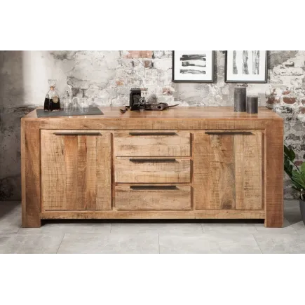 Bahut design industriel de couleur naturelle en bois massif à 2 portes et 3 tiroirs 2