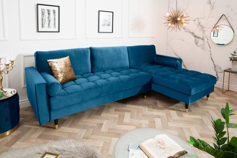 Canapé d'angle VELVET design capitonné coloris bleu foncé