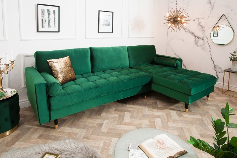 Canapé d'angle VELVET capitonné coloris vert émeraude